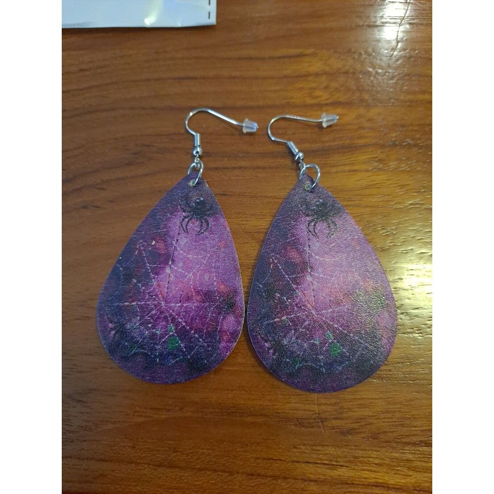 Halloween Faux Leather Spider Teardrop Earrings New Not Worn Double-Sided Design